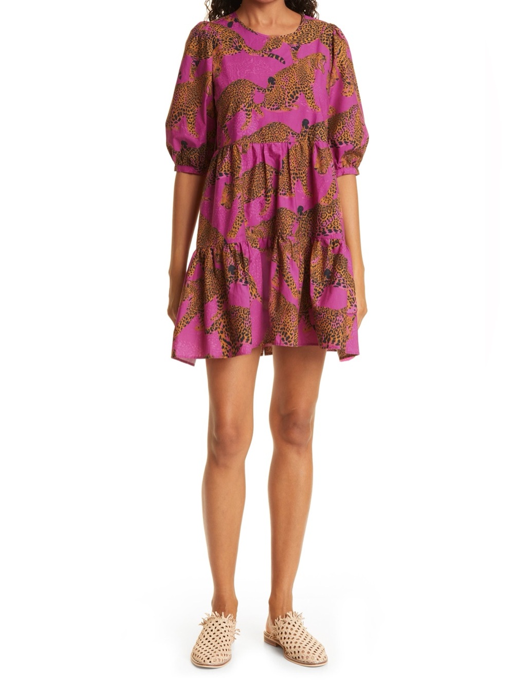 Farm RioPink Leopard Print Tiered Mini Dress - Picture 1 of 12